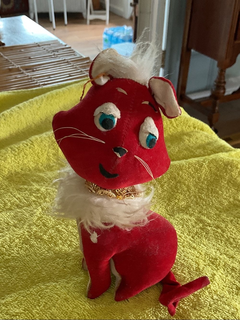 Red Plush Cat Toy with White Fur Collar